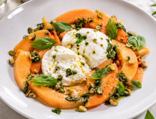 Chilled Melon & Burrata Salad with Basil Pistou, Toasted Pistachios & Citrus Fleur de Sel